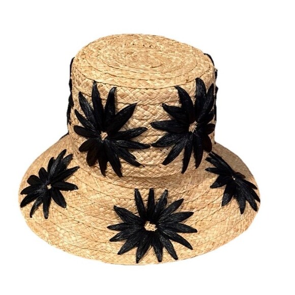 Kate Spade Raffia Daisy Flower Bucket Hat Sunhat Black/ Natural One Size - Picture 2 of 8